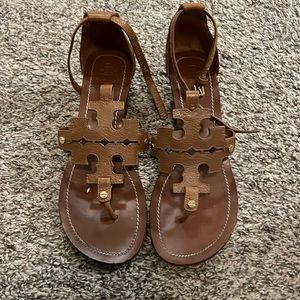 Tan leather Tory Burch wedge sandals